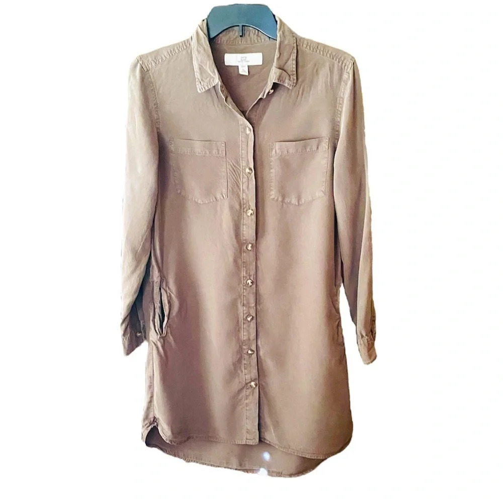Thread + Supply women’s button down long sleeve silky dress SZ S olive green